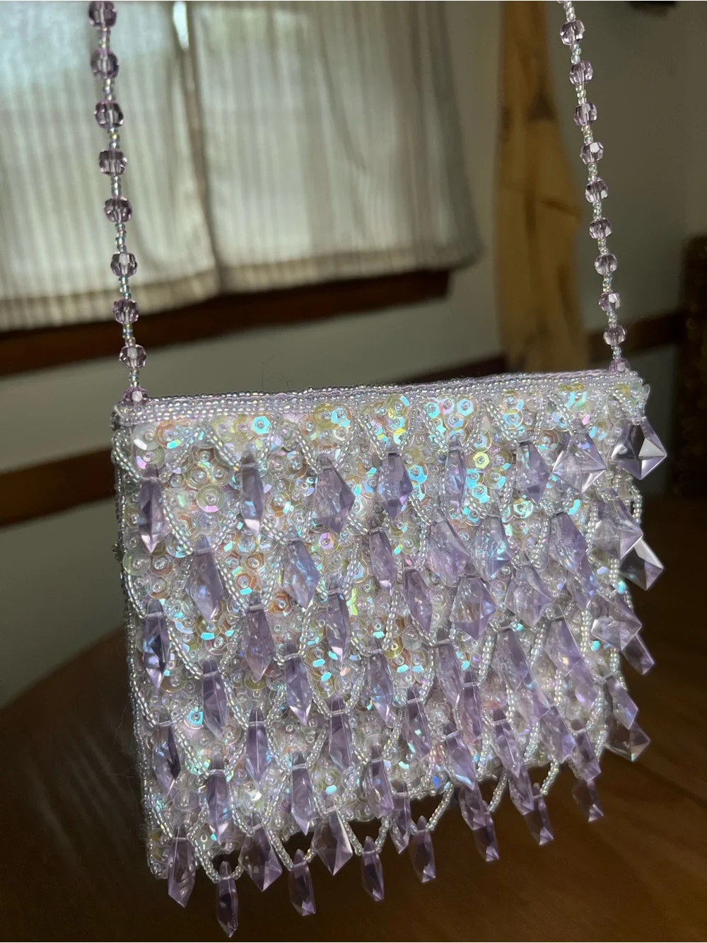Sequins Beaded Fringe Lavender Evening Purse Handbag Clutch